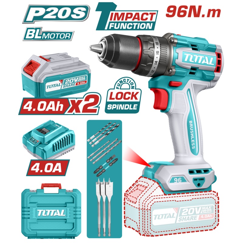 Total tools Lithium-Ion Brushless Cordless Impact Drill 20V 96 NM + 2 pcs 4.0Ah battery  battery And Charger- TIDLI20968