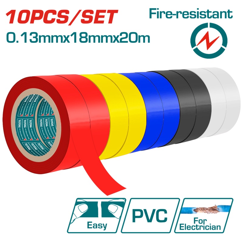 Total Tools PVC Insulating Tape  10 Pcs, 20 m x 18mm (Multi Color)  THPET1013