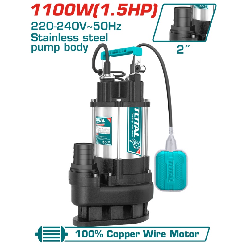 Total tools Sewage submersible pump 1.5 HP , 15M , Stainless steel pump body , Copper wire motor - TWP7110016