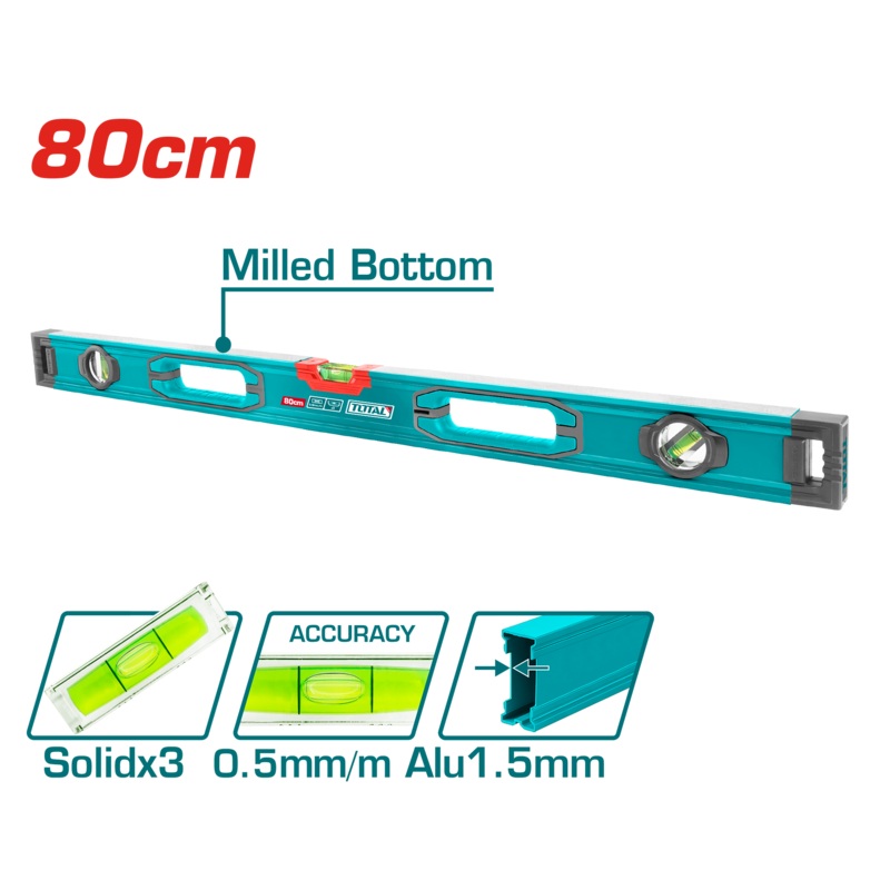 Total tools Spirit level 80 Cm ,3 solids 1.5 mm - TMT28028