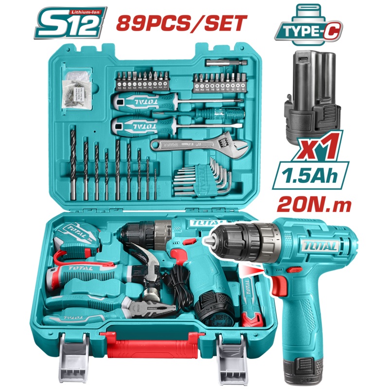 Total tools Tools set + cordless drill 20 V with battary and charger , 89 Pcs. - THKTHP10892